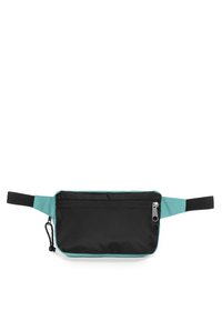 Pochette compacte noire avec des accents aqua. Dotée d'une fermeture éclair et d'une sangle réglable. Fabriquée en tissu durable et texturé.