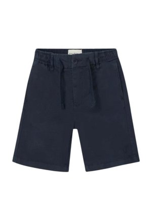 Pantalones cortos azul marino con cintura elástica, cierre con botón y cordón, y bolsillos laterales.