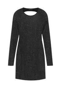 Robe noire à manches longues avec un col rond et un dos ouvert. Présente un motif texturé avec de petites paillettes argentées à travers.