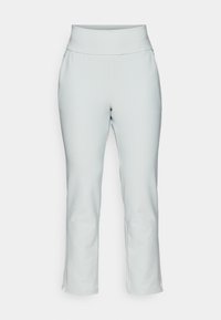 Světle šedé aktivní kalhoty se hladkou texturou, vysokým pasem a rozparky na okrajích pro snadný pohyb.