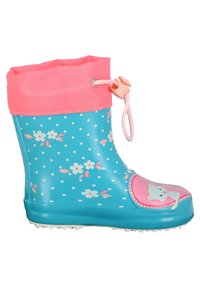 Botte de pluie en caoutchouc bleue avec des finitions roses. Décorée de pois blancs et d'un motif floral. Design de chat sur l'orteil ; cordon de serrage rose ajustable en haut.
