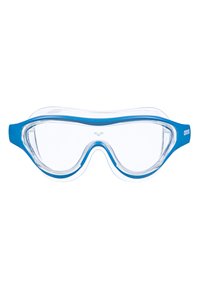 Gafas de natación transparentes con acentos de silicona azul, un diseño aerodinámico y un marco ancho para un ajuste seguro, con sellos de borde suaves.