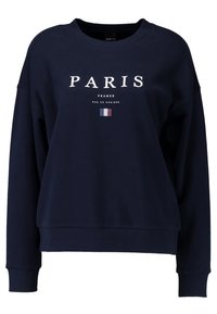 Sudadera azul marino con cuello redondo, hombros caídos y texto gráfico en la parte frontal que dice "PARIS FRANCE" sobre una pequeña bandera francesa.
