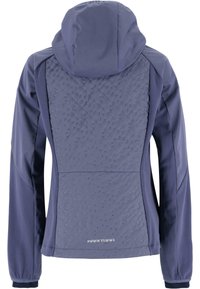 Veste à capuche bleu marine avec un dos texturé, un devant lisse, des poignets élastiques et un logo marqué en bas de l'ourlet.