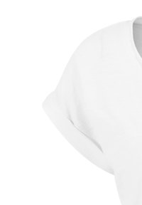 White cotton t-shirt with a round neckline and short sleeves. The fabric appears soft, featuring a smooth texture and clean seams.