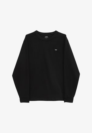 Schwarzes Langarm-T-Shirt mit Rundhalsausschnitt, normaler Passform und kleinem Logo auf der Brust. Hergestellt aus weichem Baumwollmaterial.