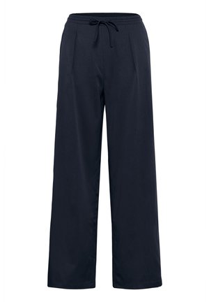 Navy wide-leg trousers made from lightweight fabric. Features an elastic waistband with drawstring and side pleats for added design detail.
