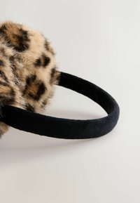 Leopard-print faux fur earmuffs with a black suede band. Round, plush ear covers for warmth and comfort. Textured animal pattern detail.