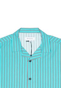 Camicia con bottoni con righe verticali azzurre e bianche con accenti scuri, colletto morbido e etichetta del marchio al collo.