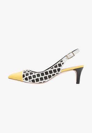 Spitz zulaufender Slingback-Absatz aus gelbem Leder und schwarz-weißer gemusterter Stoff. Verfügt über einen niedrigen Absatz und einen verstellbaren Riemen.