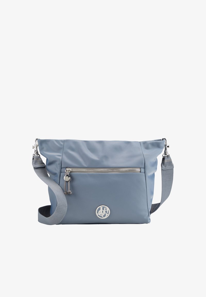 Borsa a tracolla in nylon blu con tasca anteriore con zip, tracolla grigia regolabile e accentuazione con logo metallico circolare. Texture liscia e resistente all'acqua.