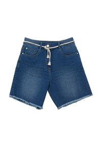 Shorts en jean bleu foncé avec un ourlet effiloché. Comprend une fermeture à bouton et à zip, des passants de ceinture, et un accent de cordon. Quatre poches sont incluses.
