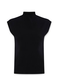 Top nero senza maniche con collo alto, realizzato in tessuto liscio, caratterizzato da un design minimalista e una silhouette boxy senza chiusure visibili.