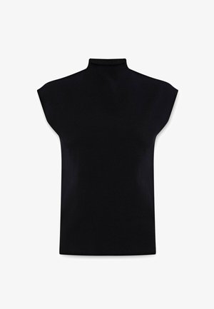 Czarna bezrękawnik z wysokim dekoltem, wykonany z gładkiego materiału, charakteryzujący się minimalistycznym wzornictwem i prostokątnym krojem bez widocznych zapięć.