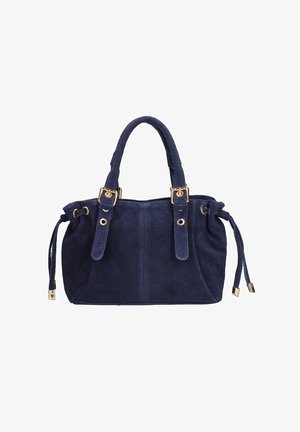 Sac en daim bleu marine avec quincaillerie dorée, poignées supérieures doubles et côtés à cordon ajustable pour des variations de forme.