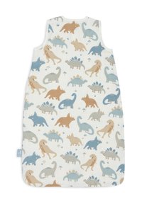Sac de couchage en coton avec un imprimé dinosaure partout, dans des couleurs pastel : bleu, beige et vert doux, avec un motif texturé.