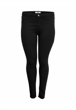 Black slim-fit women's jeans with front button and zipper, belt loops, and five-pocket design shown against white background.