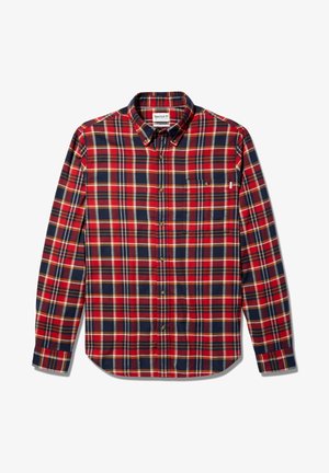 Rot, marineblau und beige karierter Hemd mit langen Ärmeln, Button-Down-Kragen, einer Brusttasche und abgerundetem Saum. Aus gewebtem Stoff gefertigt.