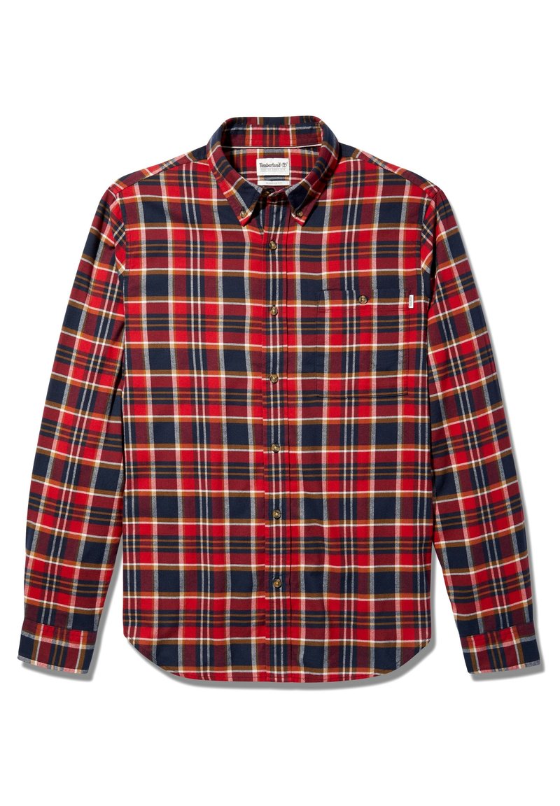 Camicia a scacchi rossa, blu navy e beige con maniche lunghe, colletto a bottoni, tasca sul petto singola e orlo arrotondato. Realizzata in tessuto intrecciato.