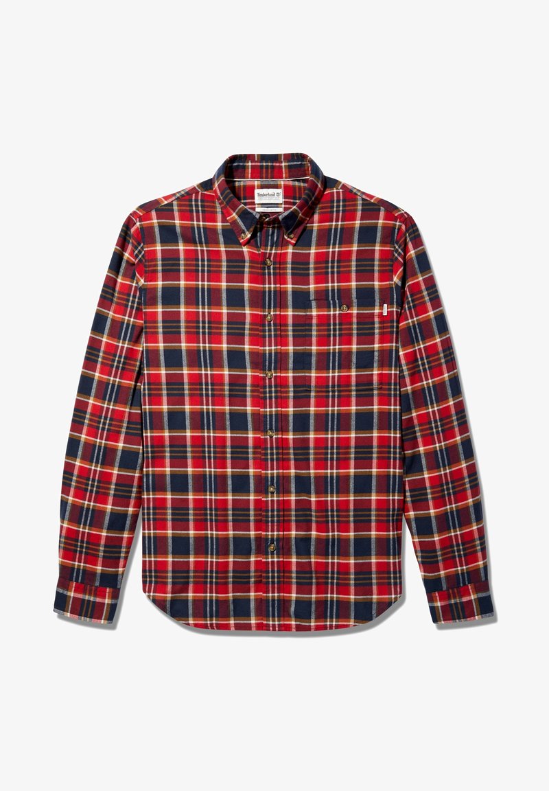 Camicia a scacchi rossa, blu navy e beige con maniche lunghe, colletto a bottoni, tasca sul petto singola e orlo arrotondato. Realizzata in tessuto intrecciato.