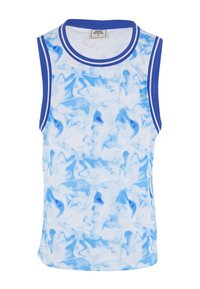 Ermeløs atletisk singlet med blått og hvitt marmormønster, blå kant rundt armhull og halslinning, og en lapp med teksten "Just Rhysse L."