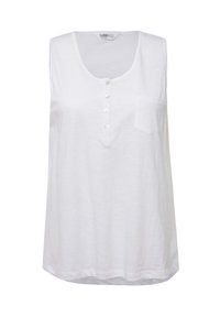 Top blanco sin mangas hecho de una tela suave. Presenta un escote redondeado, una botonera de cinco botones y un pequeño bolsillo en el pecho. Ajuste casual.
