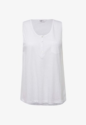 Witte mouwloze top van zachte stof. Heeft een ronde halslijn, een vijfknopenlijst en een klein borstzakje. Casual fit.
