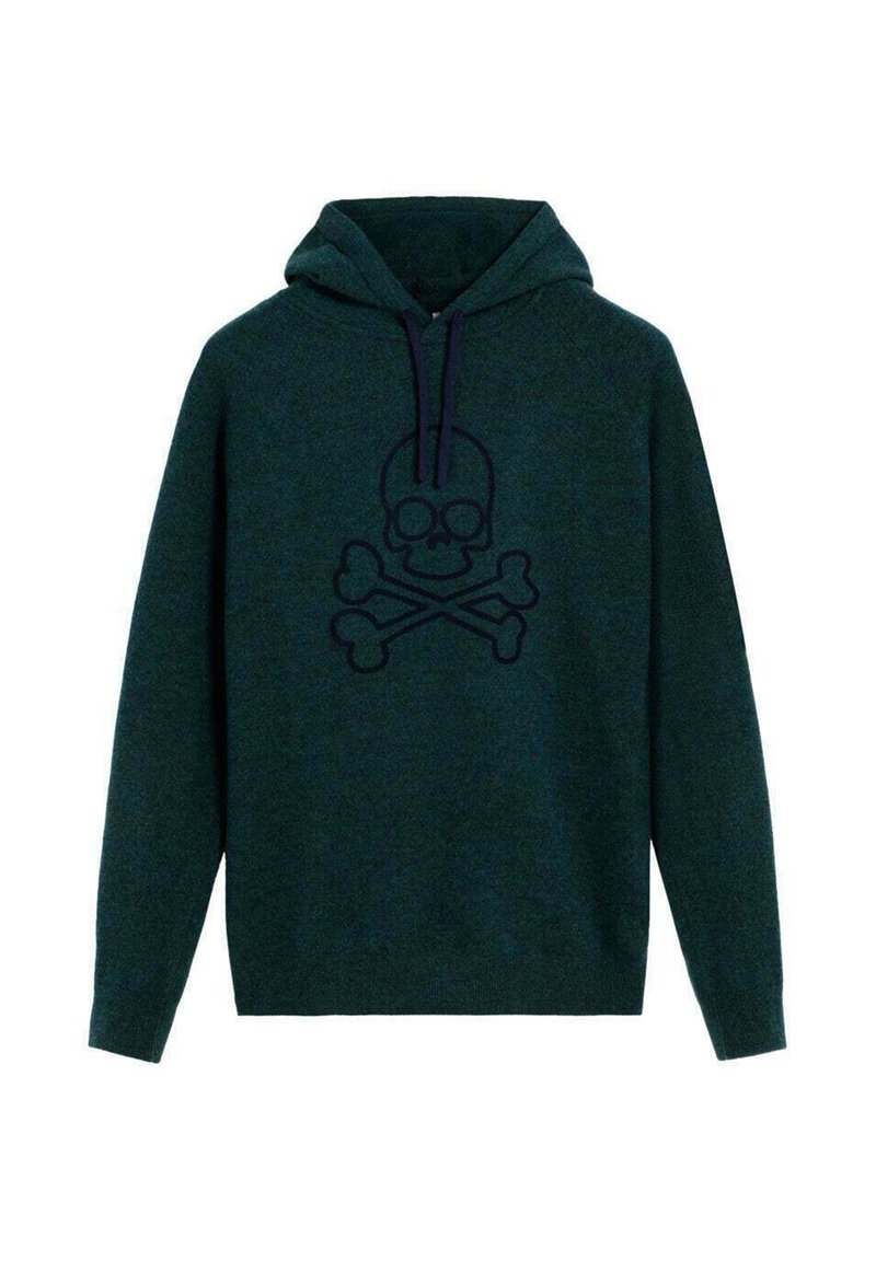 Sudadera con capucha de color verde oscuro, con un gran diseño de calavera y tibias en negro en el frente, que incluye una capucha con cordón y pu�ños acanalados.