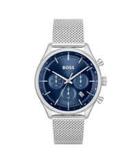 Silver stainless steel watch with a blue dial, three sub-dials, date display, and a mesh strap. Notable tachymeter marking on the bezel.