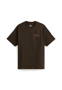 Camiseta de algodón marrón oscuro con un pequeño logo naranja "Vans Off The Wall" en el área del pecho izquierdo, mangas cortas y un corte clásico.