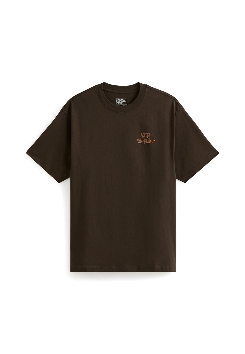 Camiseta de algodón marrón oscuro con un pequeño logo naranja "Vans Off The Wall" en el área del pecho izquierdo, mangas cortas y un corte clásico.