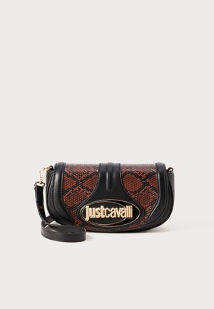 Crossbody bag with a black leather base and snake-print design in brown and orange. Features a gold logo plate and adjustable strap.