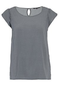 Blouse à motifs noir et blanc à manches courtes avec col rond et petit détail en forme de clé à l'arrière.