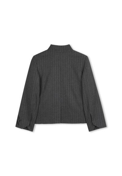 Grijze pinstripe blazer met een gestructureerde kraag, cropped fit en driekwartmouwen. Bevat stikselaccenten bij de mouwboorden.