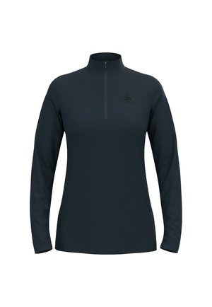 Dunkelblauer Pullover aus dehnbarem Material. Mit einem Viertel-Reißverschluss, langen Ärmeln und einem dezenten Logo auf der Brust.