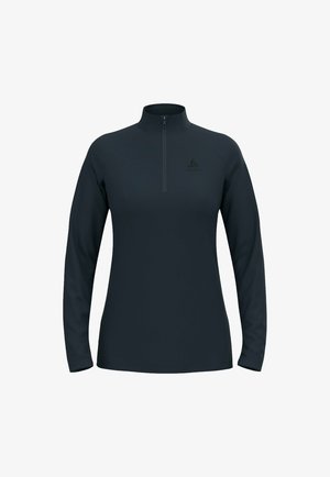 Dunkelblauer Pullover aus dehnbarem Material. Mit einem Viertel-Reißverschluss, langen Ärmeln und einem dezenten Logo auf der Brust.