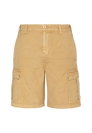 Pantaloncini cargo color sabbia con chiusura a bottone, passanti per cintura e tasche con patta su entrambi i lati, mostrati frontalmente su sfondo bianco.