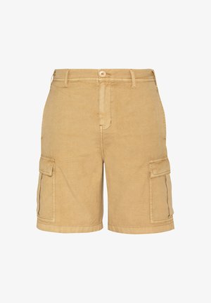 Beige cargoshorts met knoopsluiting, riemlussen en klepzakken aan elke zijde, vooraanzicht op een witte achtergrond.