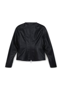 Giacca di pelle nera dal design aderente, con maniche lunghe e cuciture visibili. Presenta una zip centrale e una silhouette sagomata sul retro.