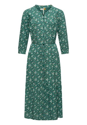 Robe midi verte avec petit imprimé floral blanc et orange, manches longues, boutons devant et ceinture ajustable à la taille.