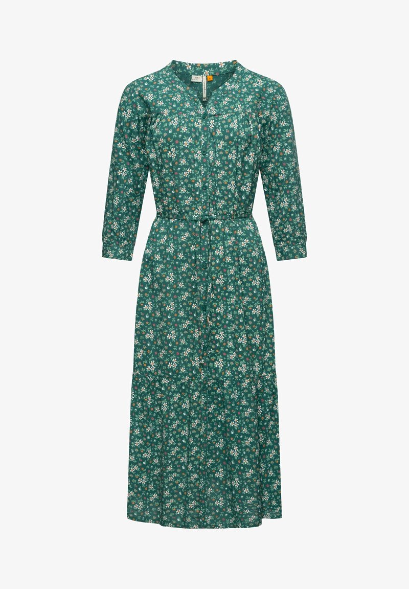 Robe midi verte avec petit imprimé floral blanc et orange, manches longues, boutons devant et ceinture ajustable à la taille.