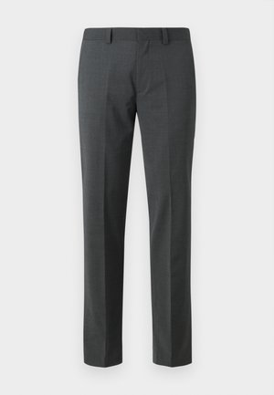 Dark gray tailored pants made of a smooth textile. Features straight legs, a flat front, and belt loops. No visible patterns or accents.