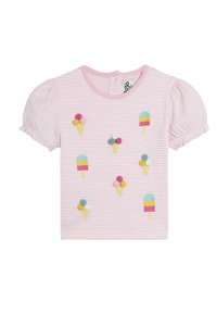 T-shirt à manches courtes rose clair avec des rayures blanches, décoré d'une broderie colorée de cône de glace et de glace sur bâton. Tissu en coton doux.