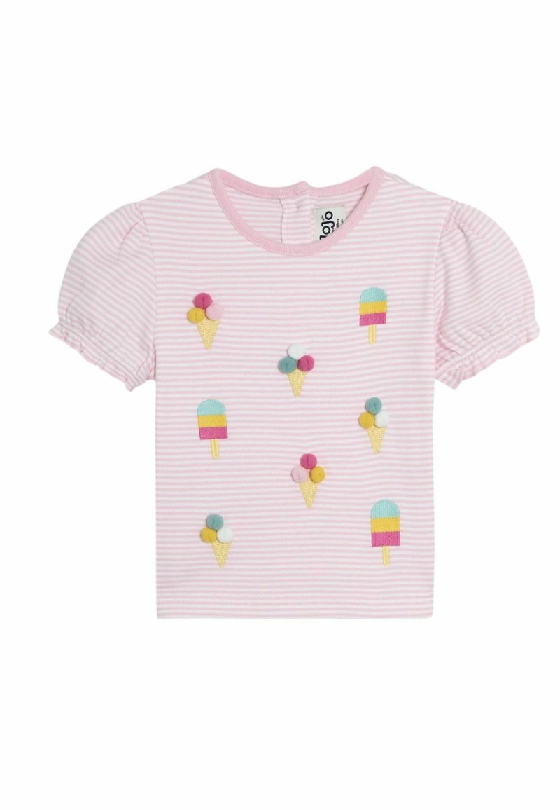 T-shirt à manches courtes rose clair avec des rayures blanches, décoré d'une broderie colorée de cône de glace et de glace sur bâton. Tissu en coton doux.