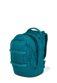 Türkiser Rucksack aus strapazierfähigem Material; verfügt über mehrere Reißverschlusstaschen, gepolsterte Träger und Seitentaschen für zusätzlichen Stauraum.