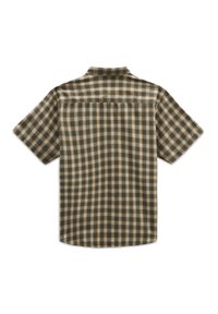 Camisa de manga corta con un patrón de cuadros en verde y marrón, que presenta un cuello y un dobladillo recto. Hecha de una tela ligera.