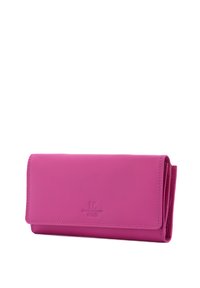 Portafoglio in pelle rosa con una texture liscia, forma rettangolare e logo in rilievo. Presenta un design pieghevole e un colore interno a contrasto.