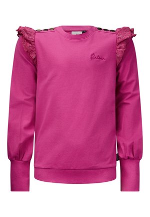 Lyserød sweatshirt med flæseblondeærmer, broderet logo og dekorative knapper på skuldrene; lange, tætsiddende ærmer med rynkede manchetter.