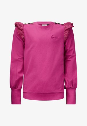 Sudadera rosa con mangas de encaje fruncido, logo bordado y botones decorativos en los hombros; mangas largas ajustadas con puños fruncidos.