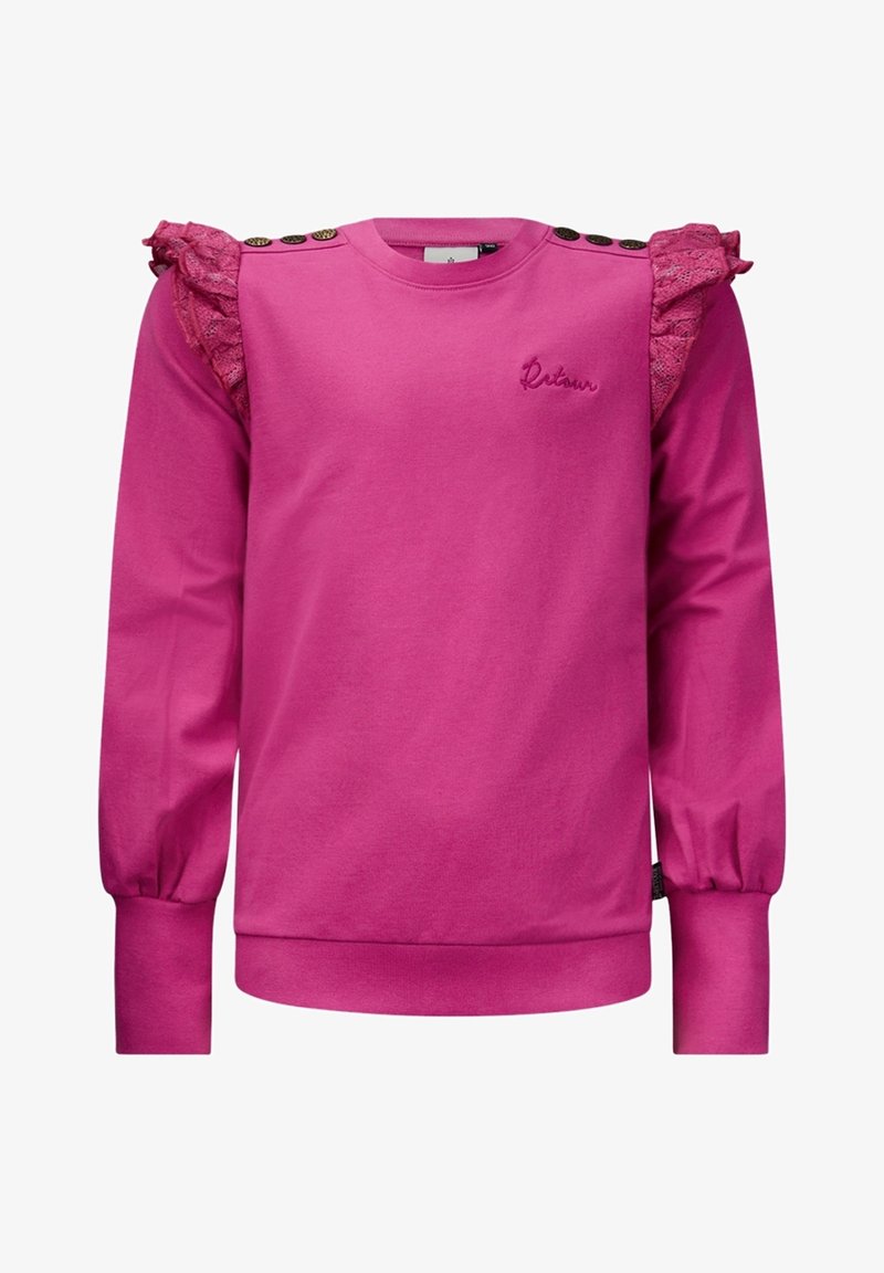 Sweat-shirt rose avec manches en dentelle à volants, logo brodé et boutons décoratifs sur les épaules ; manches longues ajustées avec poignets froncés.